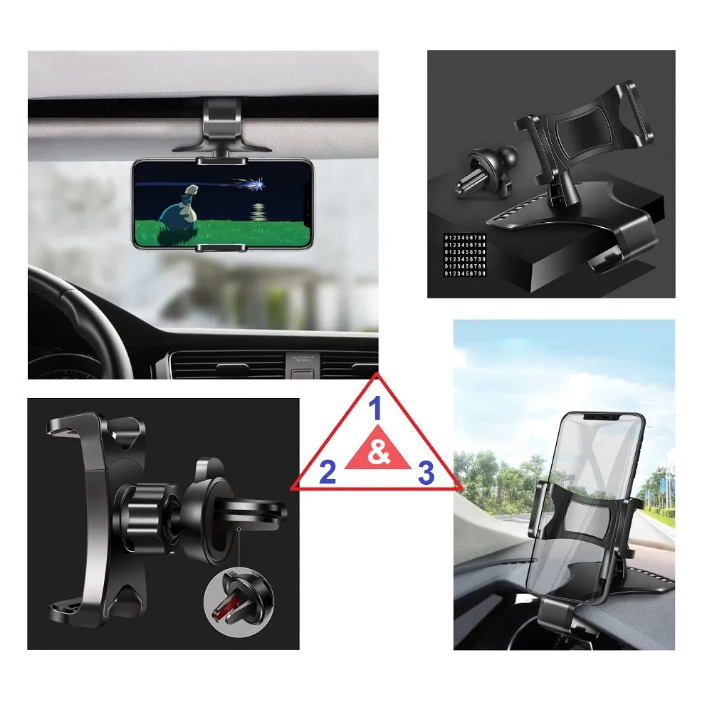 3 in 1 Car GPS Smartphone Holder: Dashboard / Visor Clamp   AC Grid Clip for Sharp Luna S - Black