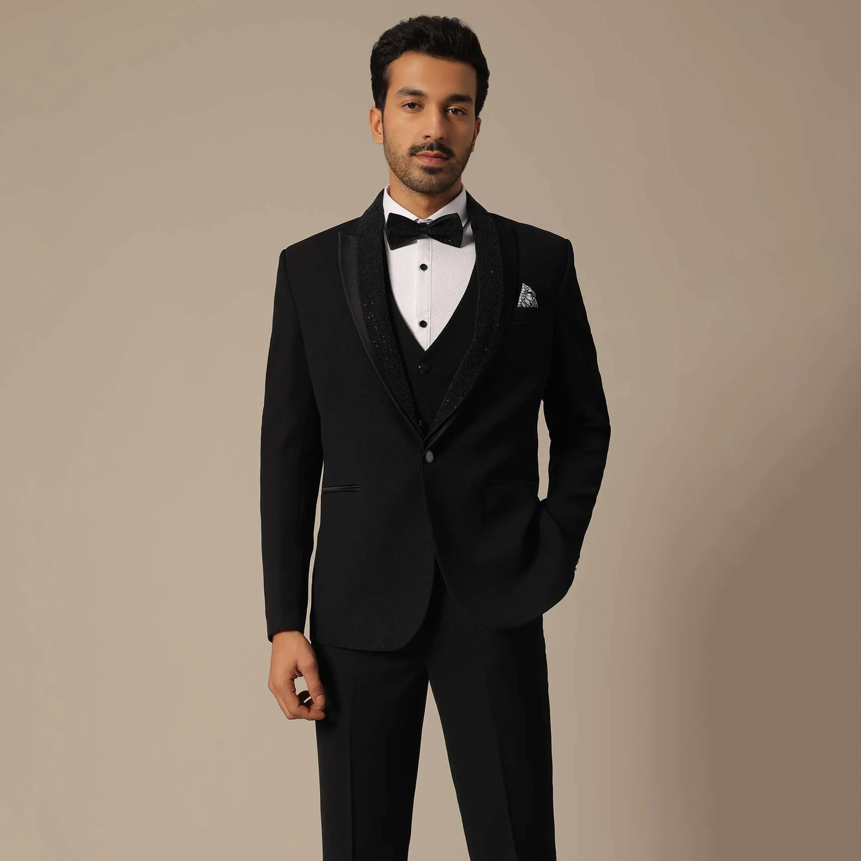 Black Blazer Set With Embroidered Detail