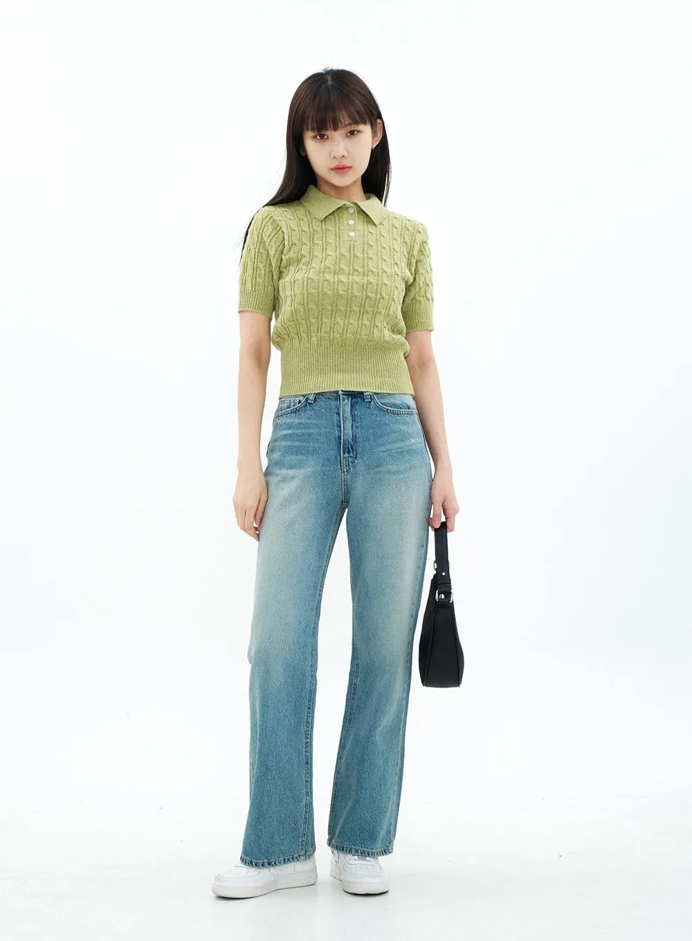 Cable Knit Collared Short-sleeve Sweater CA01