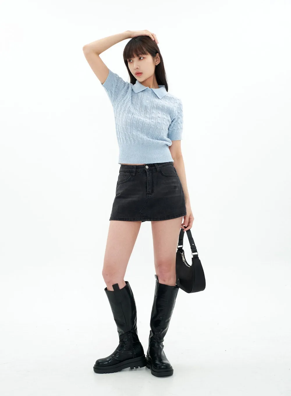 Cable Knit Collared Short-sleeve Sweater CA01