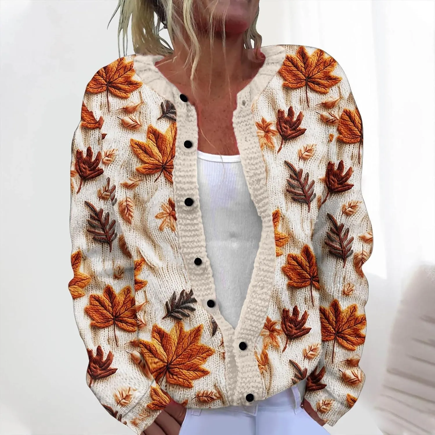 Christmas Sweater for Women Cute Xmas Floral Printed Cardigans Sweaters Open Front Button Down Casual Knitted Outerwear