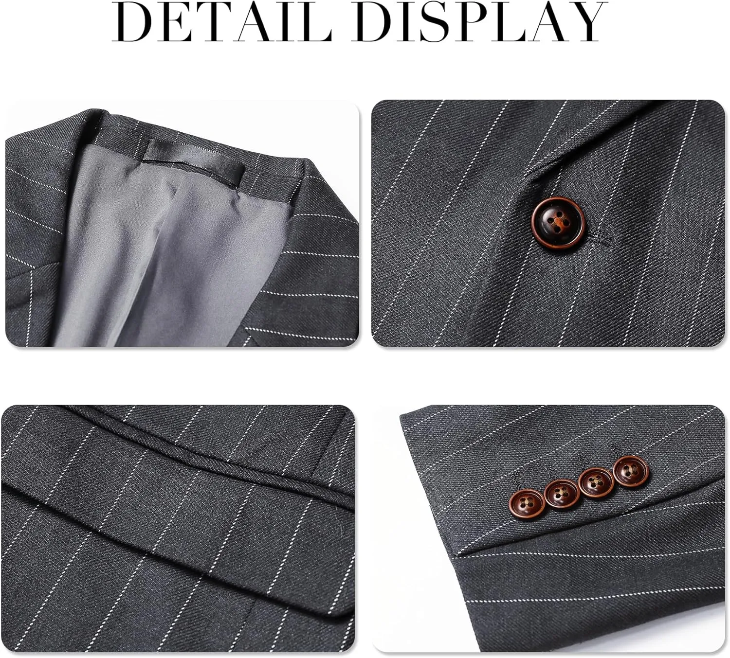 Cloudstyle Mens 3 Piece Stripe Suit Set Center Vent 2 Button Tux Blazer Jacket Vest Trousers