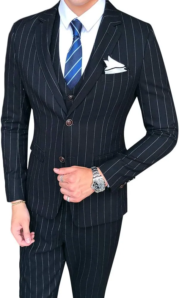 Cloudstyle Mens 3 Piece Stripe Suit Set Center Vent 2 Button Tux Blazer Jacket Vest Trousers