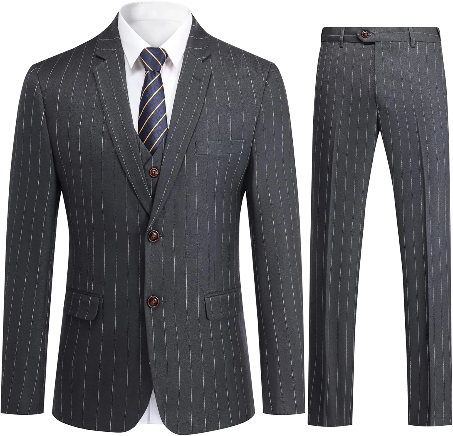 Cloudstyle Mens 3 Piece Stripe Suit Set Center Vent 2 Button Tux Blazer Jacket Vest Trousers