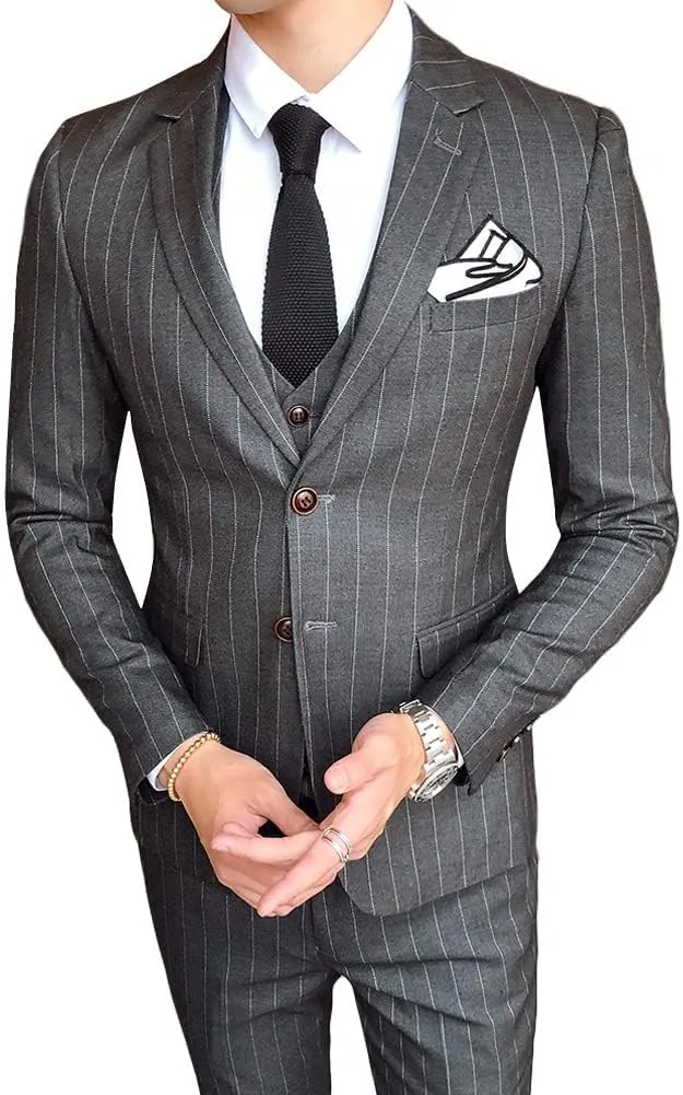 Cloudstyle Mens 3 Piece Stripe Suit Set Center Vent 2 Button Tux Blazer Jacket Vest Trousers