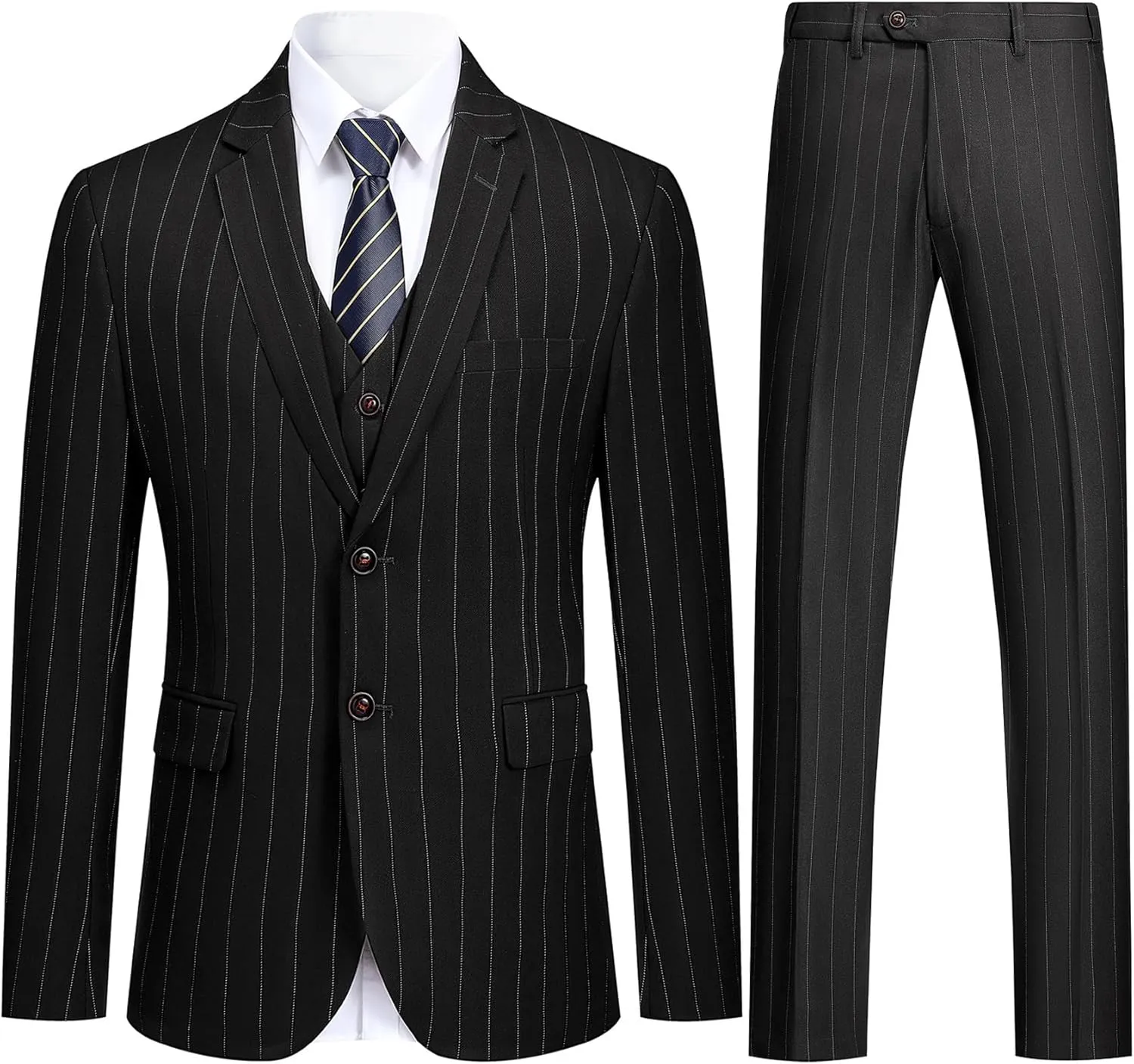 Cloudstyle Mens 3 Piece Stripe Suit Set Center Vent 2 Button Tux Blazer Jacket Vest Trousers