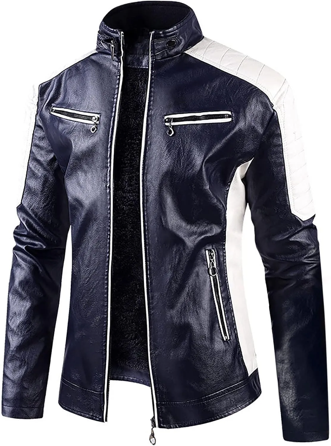 Faux Leather Jacket Men Slim Fit Racer Motorcycle Jackets Moto Coats Trendy Color Block Bomber Jacket