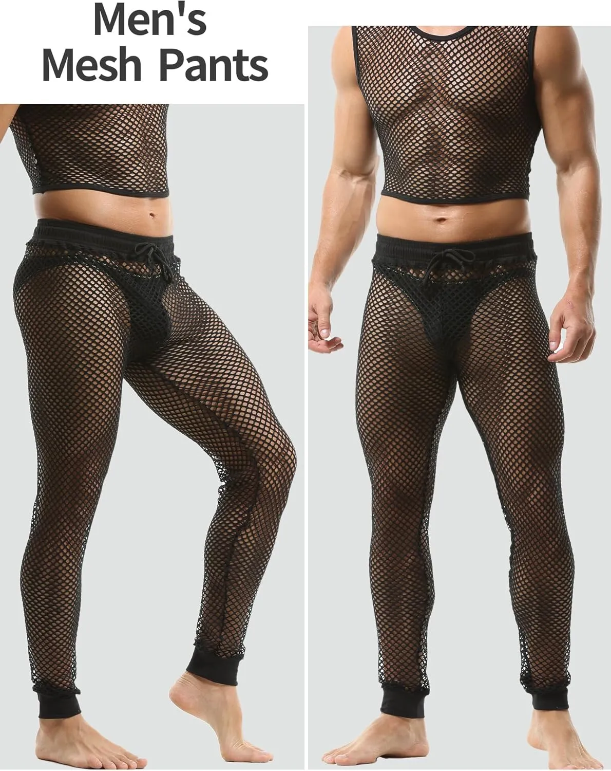 FEOYA Men Mesh Workout Leggings Fishnet Muscle Pants See Through Sheer Tights Pants with Drawstring