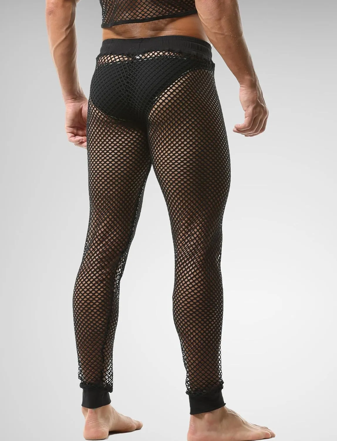 FEOYA Men Mesh Workout Leggings Fishnet Muscle Pants See Through Sheer Tights Pants with Drawstring
