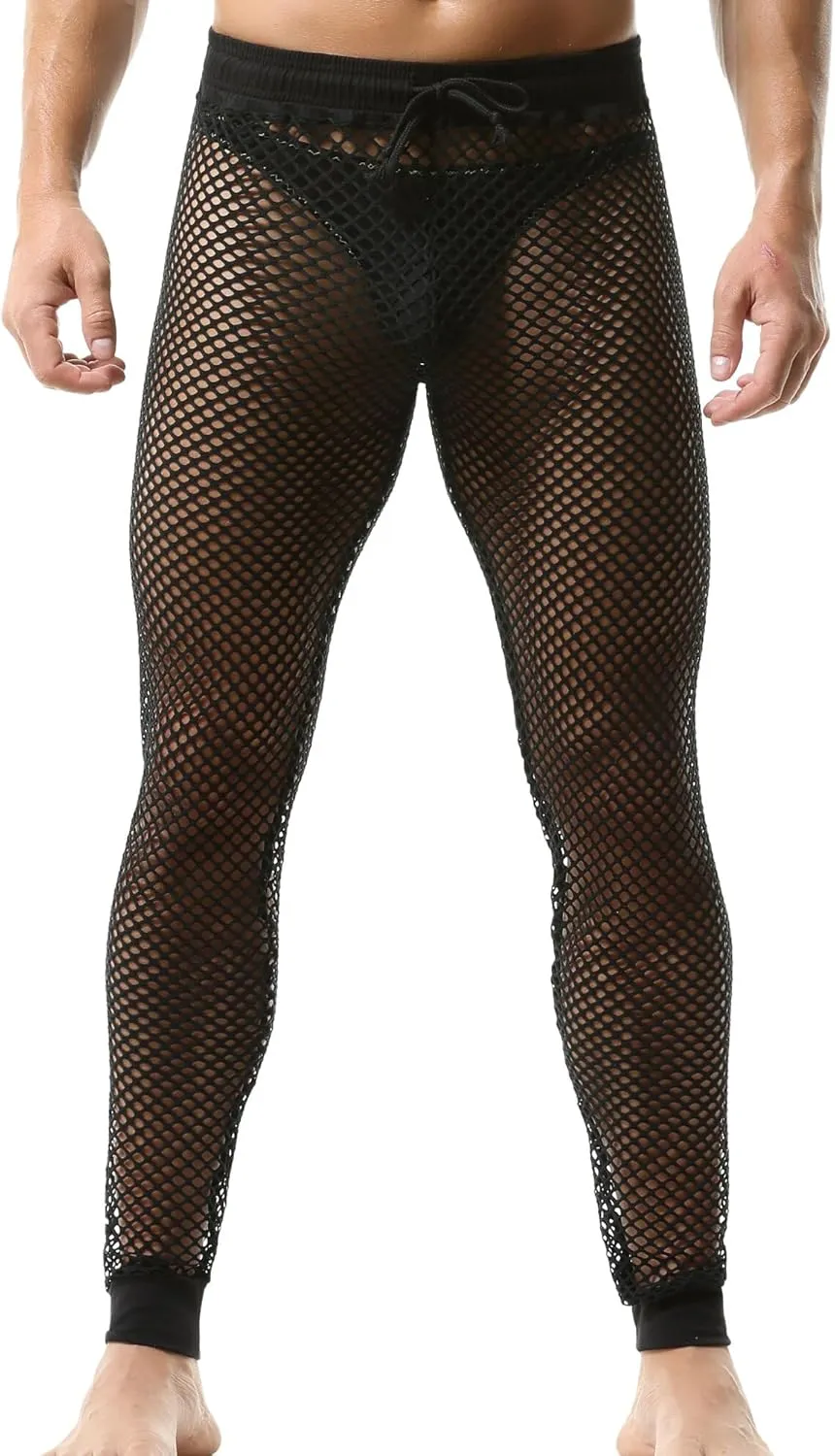 FEOYA Men Mesh Workout Leggings Fishnet Muscle Pants See Through Sheer Tights Pants with Drawstring
