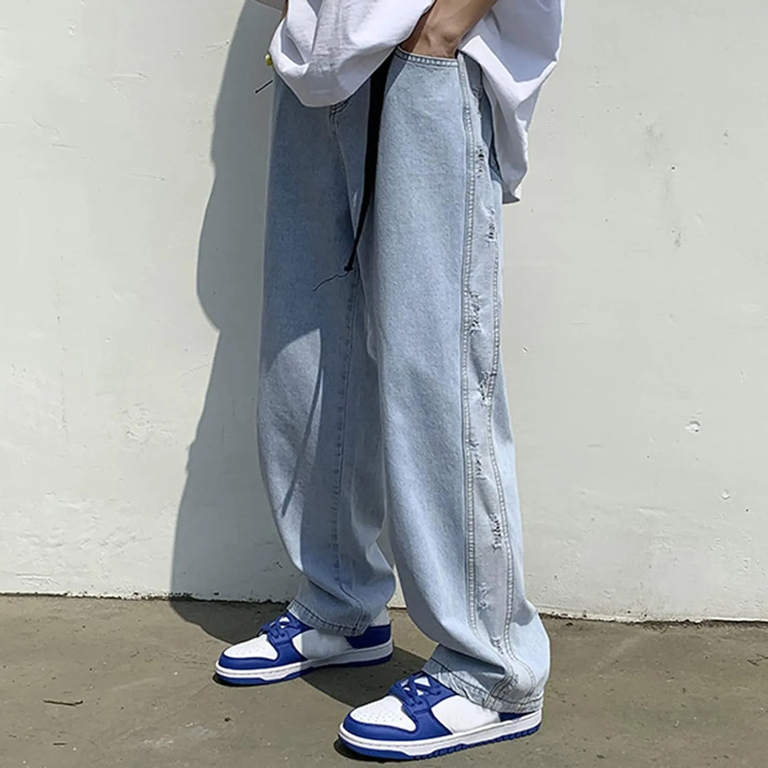 Mens Jeans Slim Straight Leg Classic Denim Jeans Comfort Flexible Pants Relaxed Wide Leg Denim Trouser Streetwear
