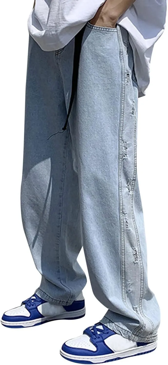 Mens Jeans Slim Straight Leg Classic Denim Jeans Comfort Flexible Pants Relaxed Wide Leg Denim Trouser Streetwear