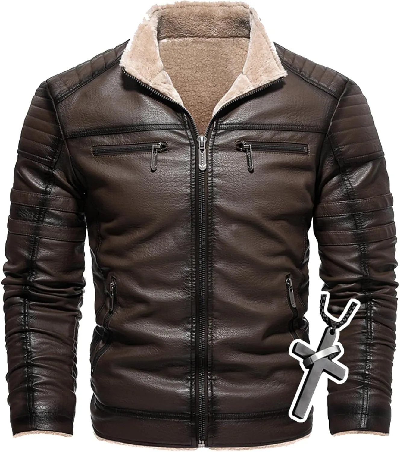 Men's Lamb Wool Bomber Coat Leather Sherpa Fleece Lined Jackets Heavyweight Suede Warm Winter Biker Coat＋Necklaces