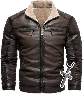Men's Lamb Wool Bomber Coat Leather Sherpa Fleece Lined Jackets Heavyweight Suede Warm Winter Biker Coat＋Necklaces