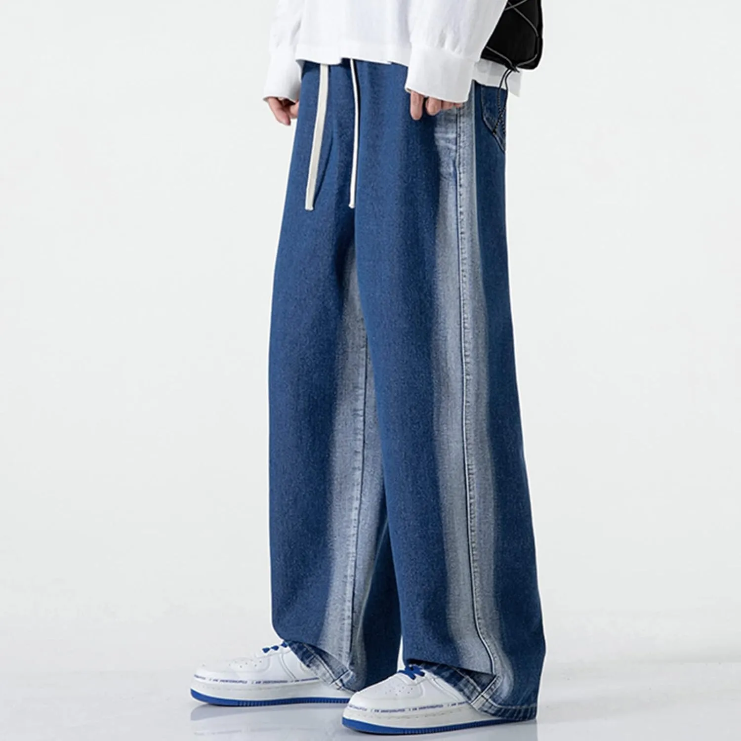 Mens Pants Jeans Stretch Classic Vintage Straight Wide Leg Denim Pants Baggy Jeans Trousers Mulit Pockets