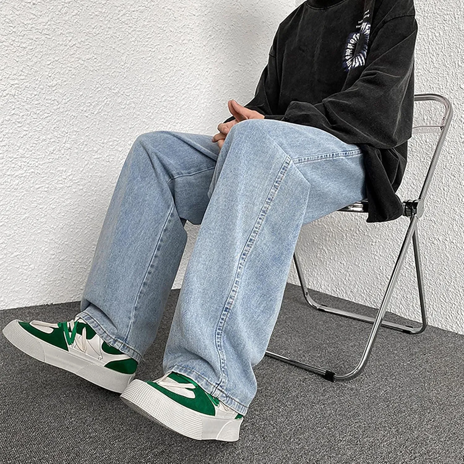 Mens Pants Jeans Stretch Classic Vintage Straight Wide Leg Denim Pants Baggy Jeans Trousers Mulit Pockets