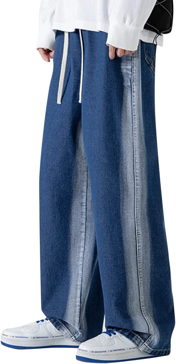 Mens Pants Jeans Stretch Classic Vintage Straight Wide Leg Denim Pants Baggy Jeans Trousers Mulit Pockets