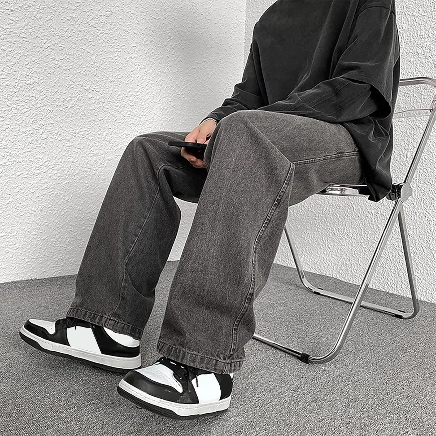 Mens Pants Jeans Stretch Classic Vintage Straight Wide Leg Denim Pants Baggy Jeans Trousers Mulit Pockets