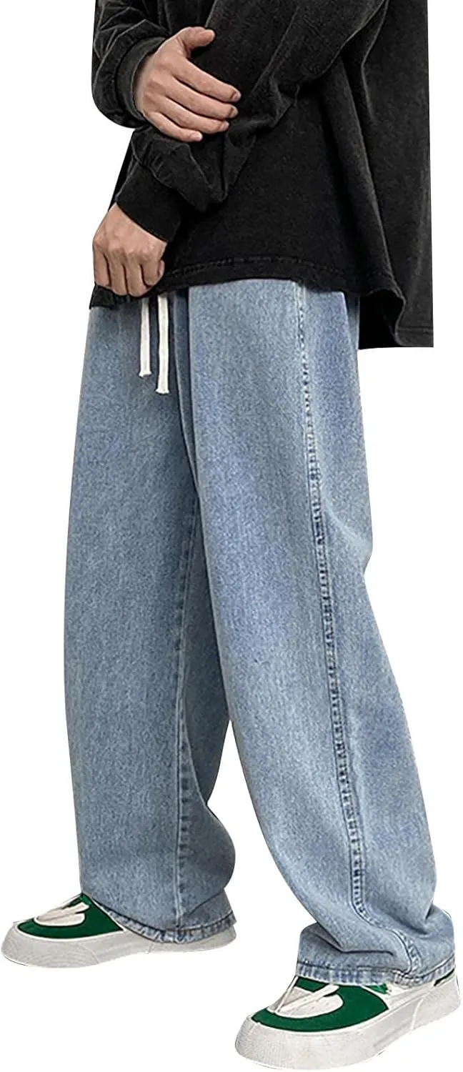 Mens Pants Jeans Stretch Classic Vintage Straight Wide Leg Denim Pants Baggy Jeans Trousers Mulit Pockets