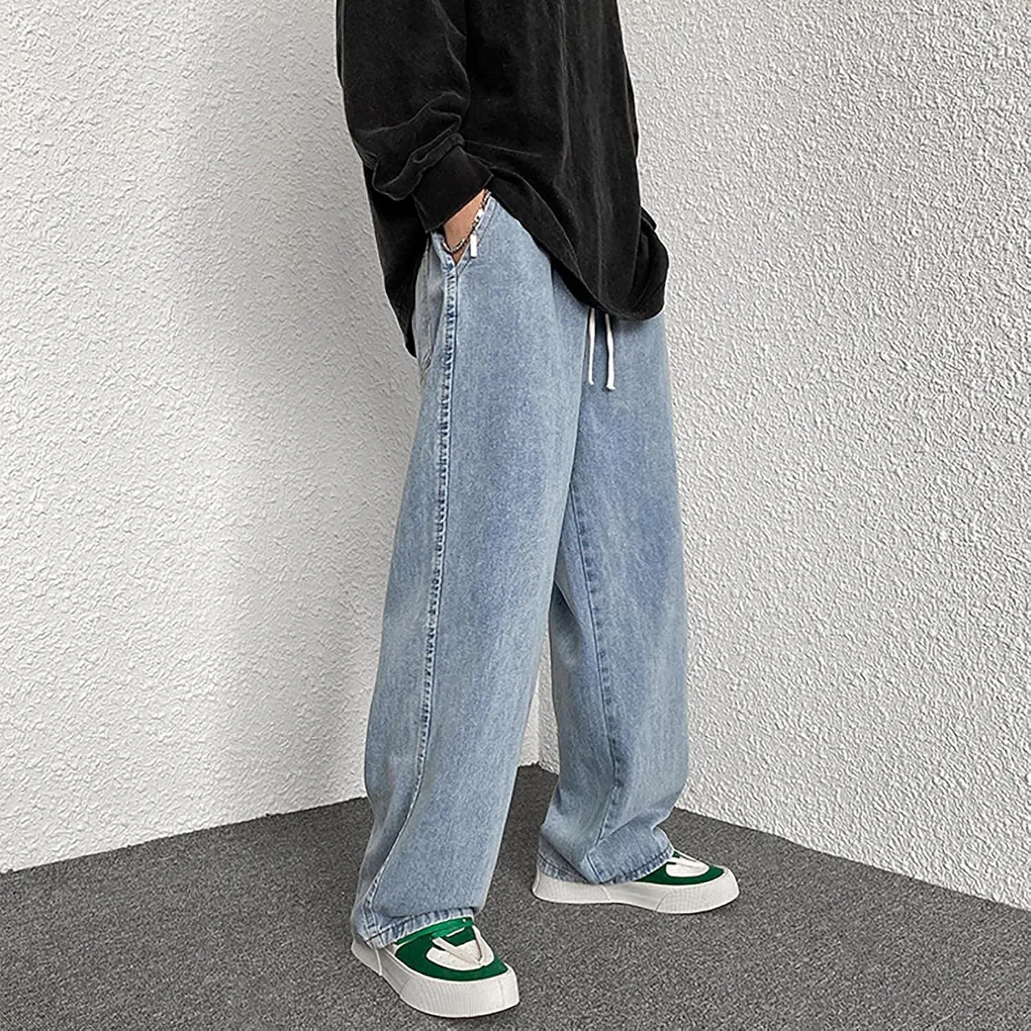 Mens Pants Jeans Stretch Classic Vintage Straight Wide Leg Denim Pants Baggy Jeans Trousers Mulit Pockets