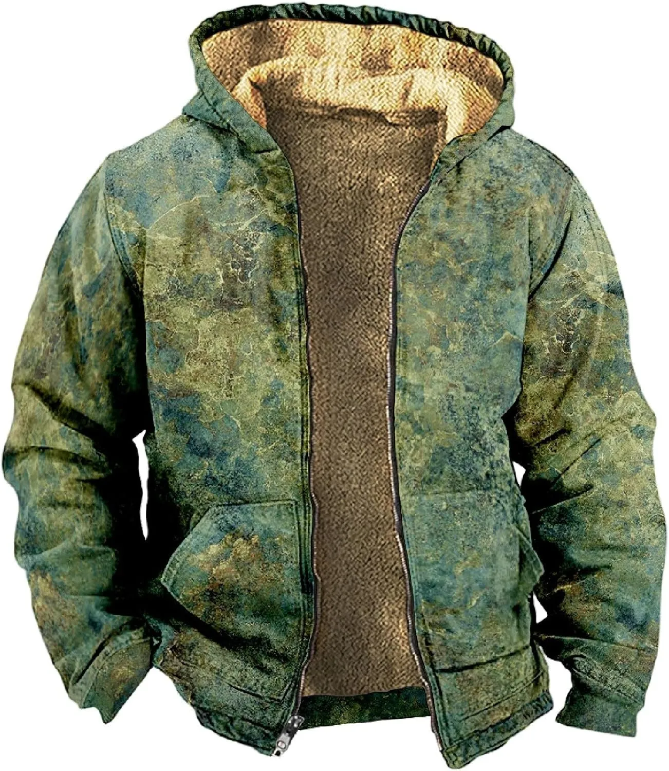Men'S Winter Coats With Hood Fleece Zipper Coat Heated Thick Waterproof Casual Vintage Oversized Jacket