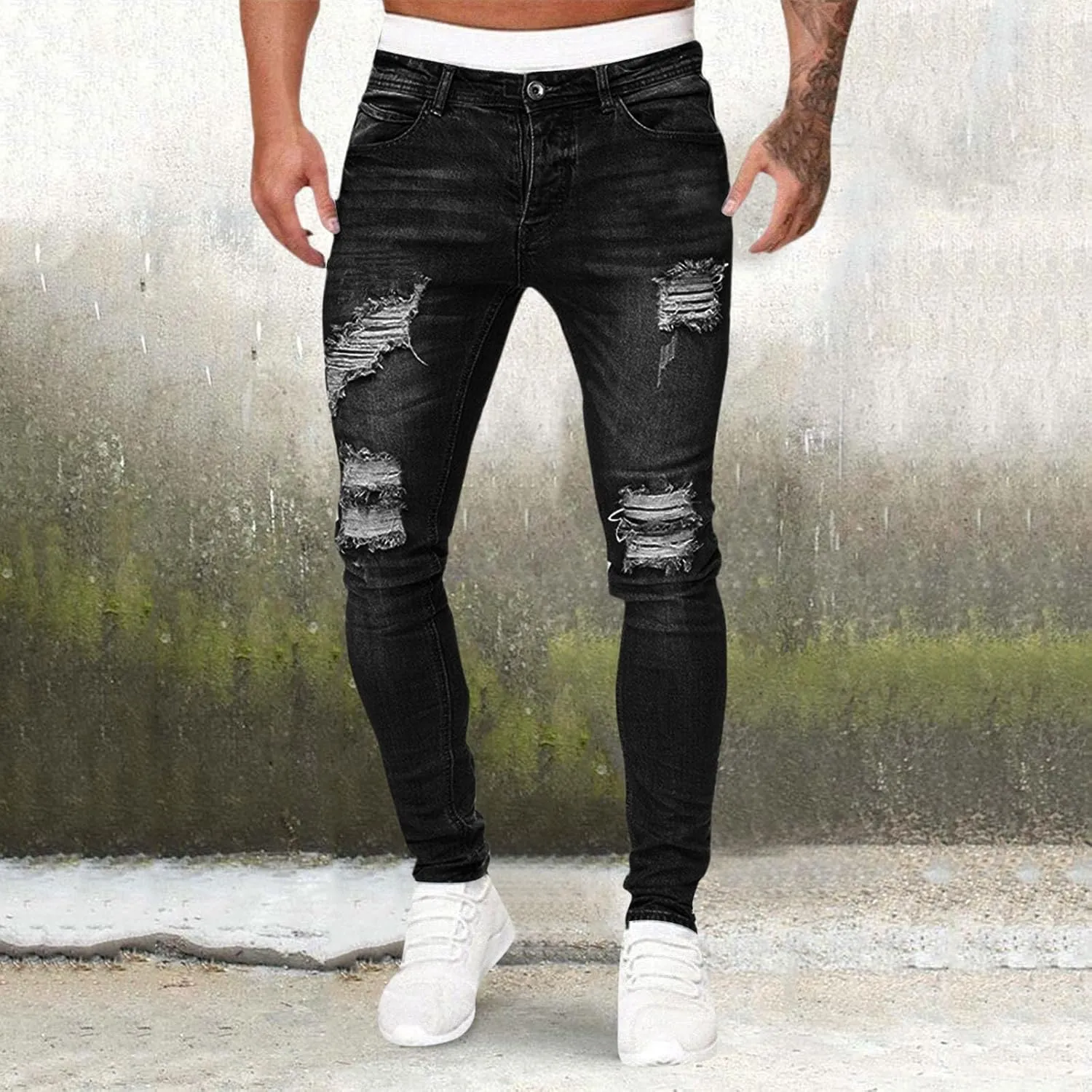 MIDOO Jeans for Men Relaxed Fit Ripped Distressed Jeans Stretch Wide Leg Casual Long Denim Pants Trousers with Pocket