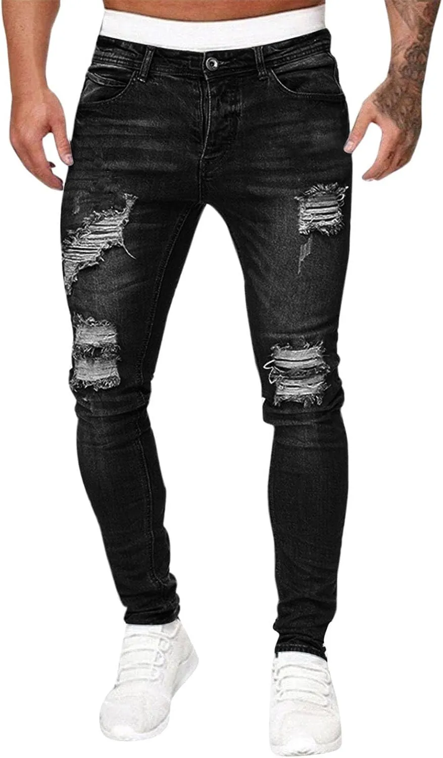 MIDOO Jeans for Men Relaxed Fit Ripped Distressed Jeans Stretch Wide Leg Casual Long Denim Pants Trousers with Pocket