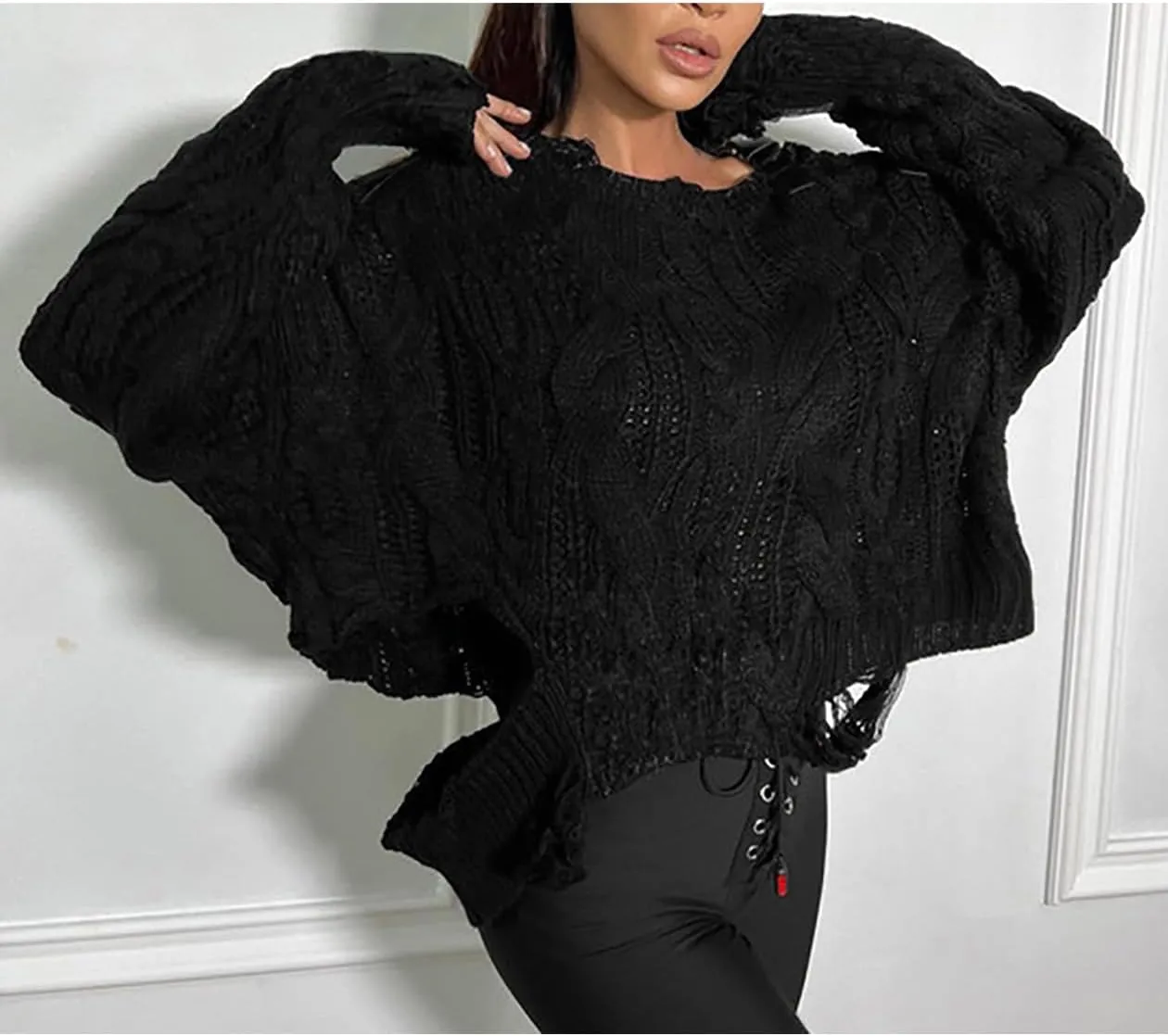 Molisry Women's Cable Knit Sweater Casual One Shoulder Long Sleeve Crewneck Loose Lightweight Pullover Fall Sweater 2024