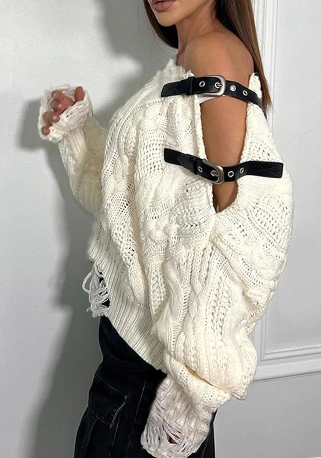 Molisry Women's Cable Knit Sweater Casual One Shoulder Long Sleeve Crewneck Loose Lightweight Pullover Fall Sweater 2024