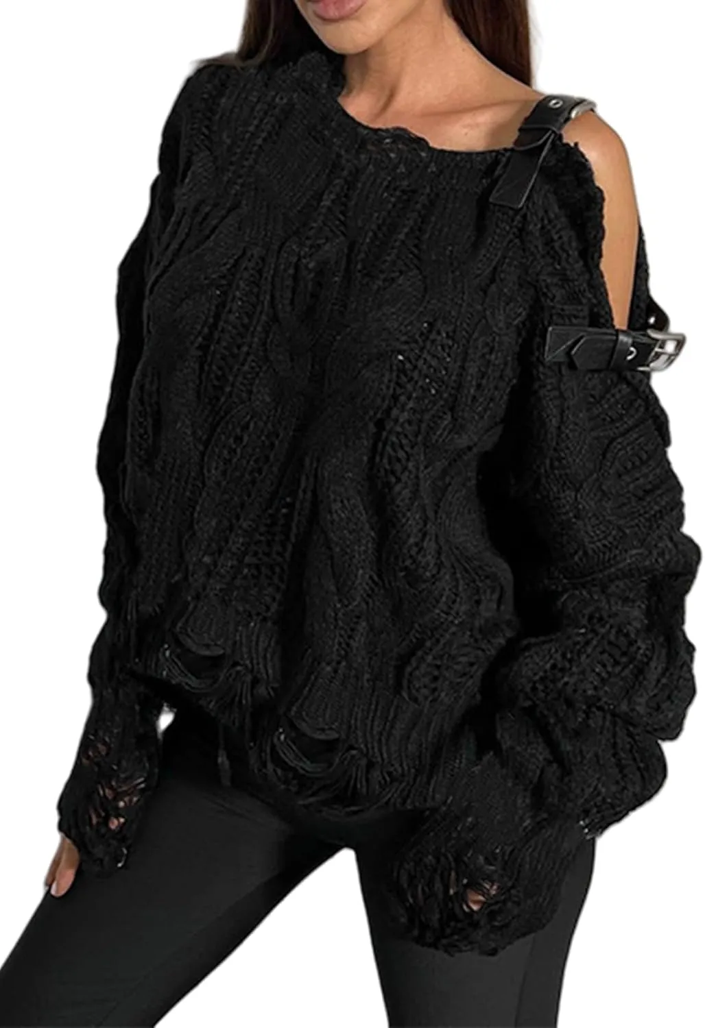 Molisry Women's Cable Knit Sweater Casual One Shoulder Long Sleeve Crewneck Loose Lightweight Pullover Fall Sweater 2024