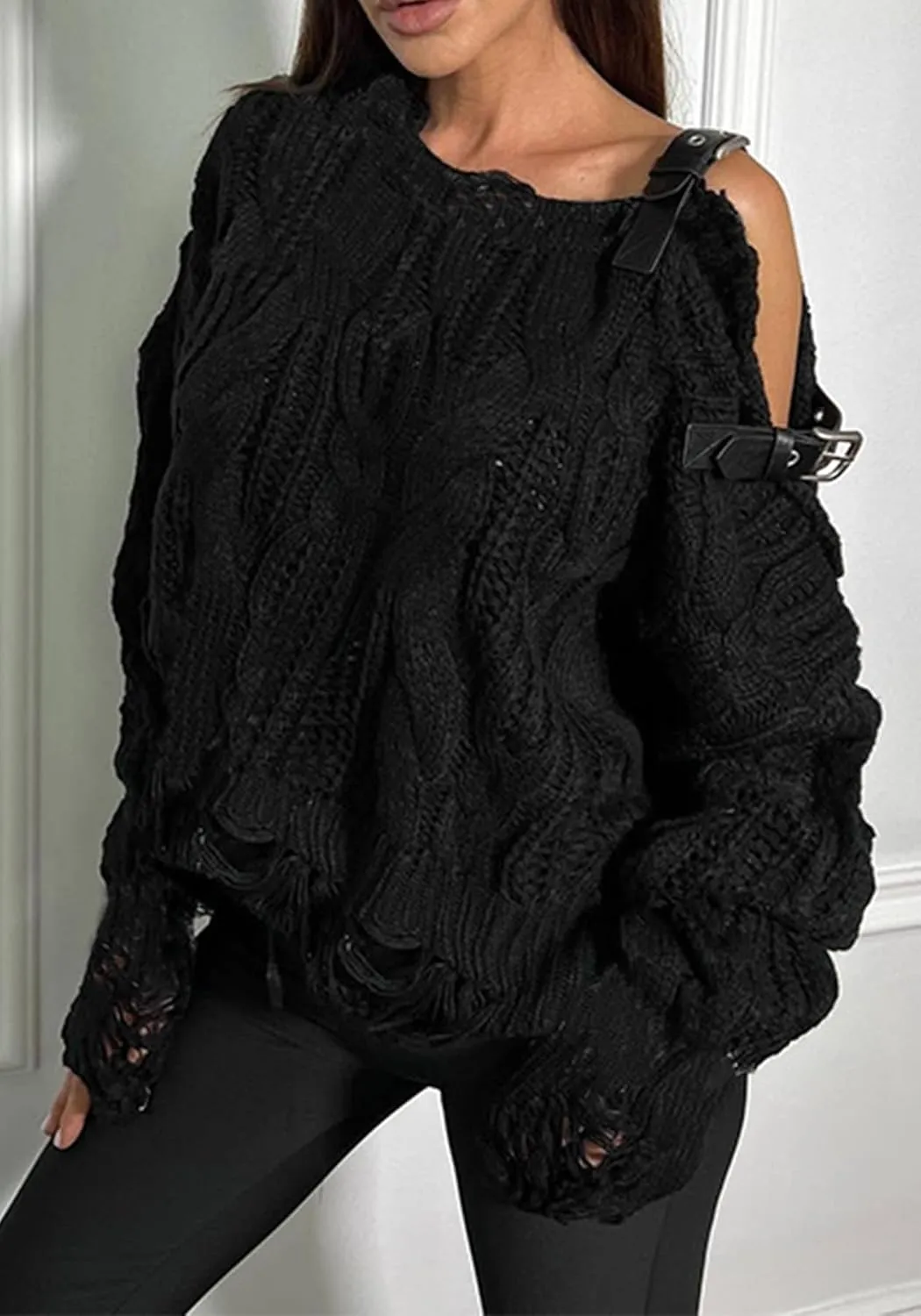 Molisry Women's Cable Knit Sweater Casual One Shoulder Long Sleeve Crewneck Loose Lightweight Pullover Fall Sweater 2024