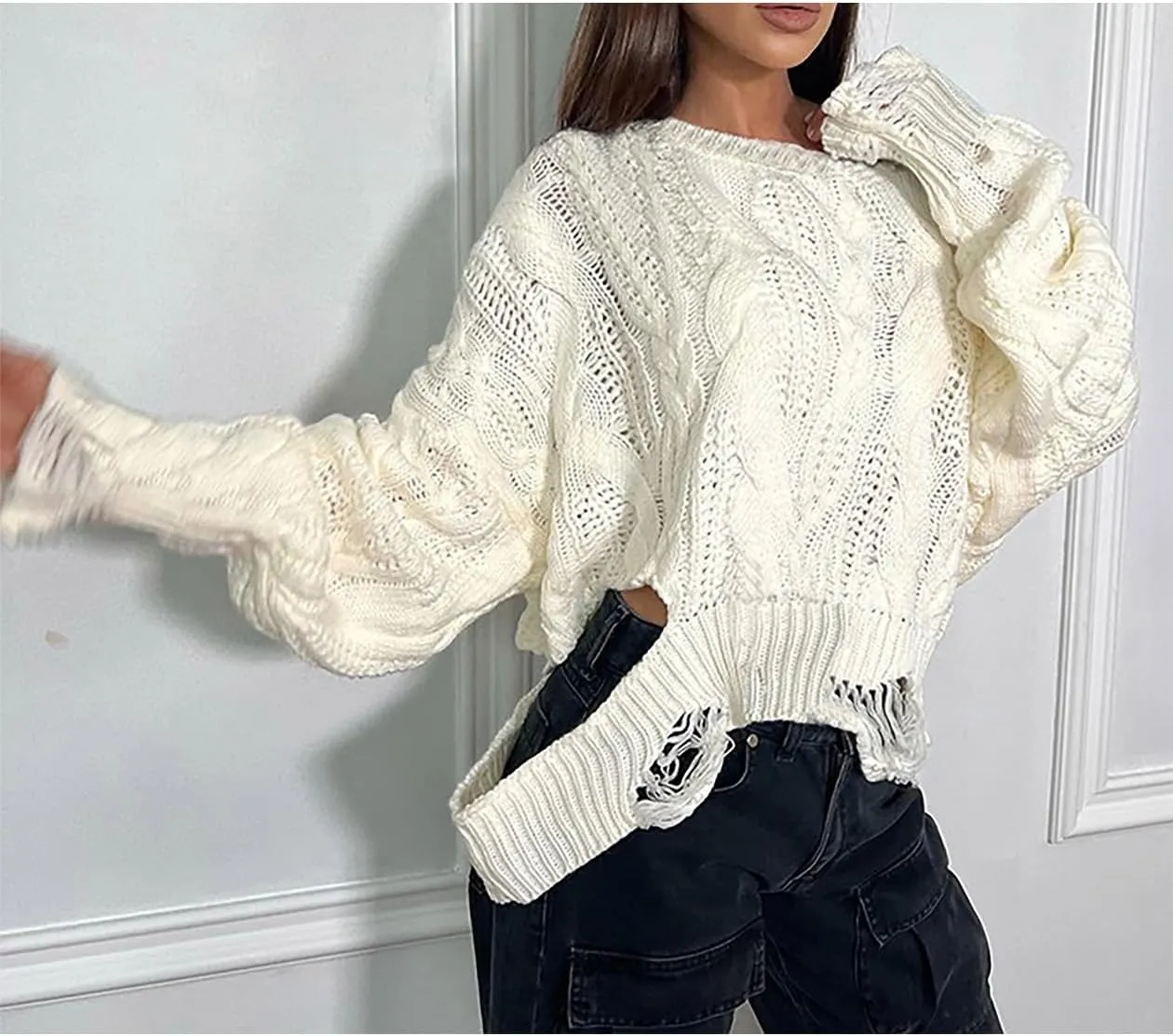 Molisry Women's Cable Knit Sweater Casual One Shoulder Long Sleeve Crewneck Loose Lightweight Pullover Fall Sweater 2024
