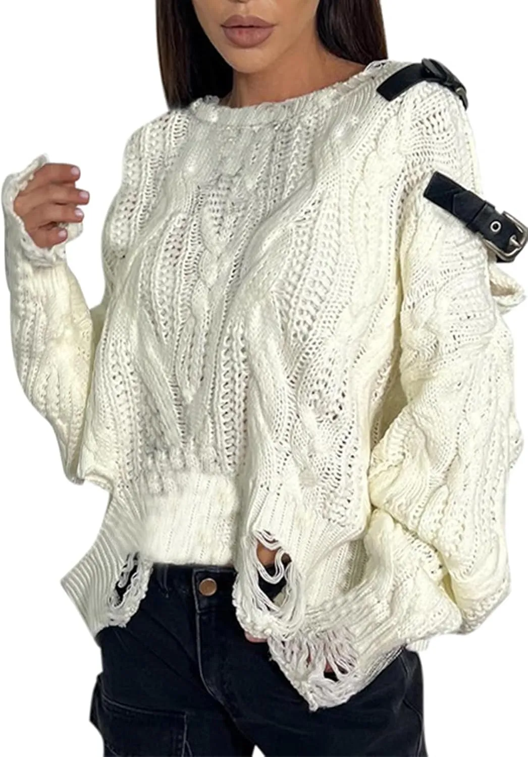 Molisry Women's Cable Knit Sweater Casual One Shoulder Long Sleeve Crewneck Loose Lightweight Pullover Fall Sweater 2024