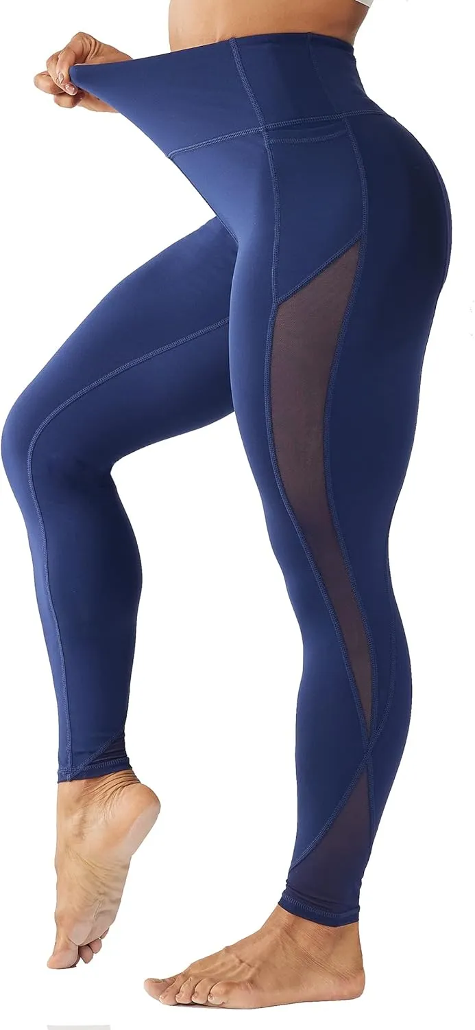 ONGASOFT High Waisted Yoga Pants for Women Running Workout Mesh Leggings Side Pockets Squat Proof Tummy Control