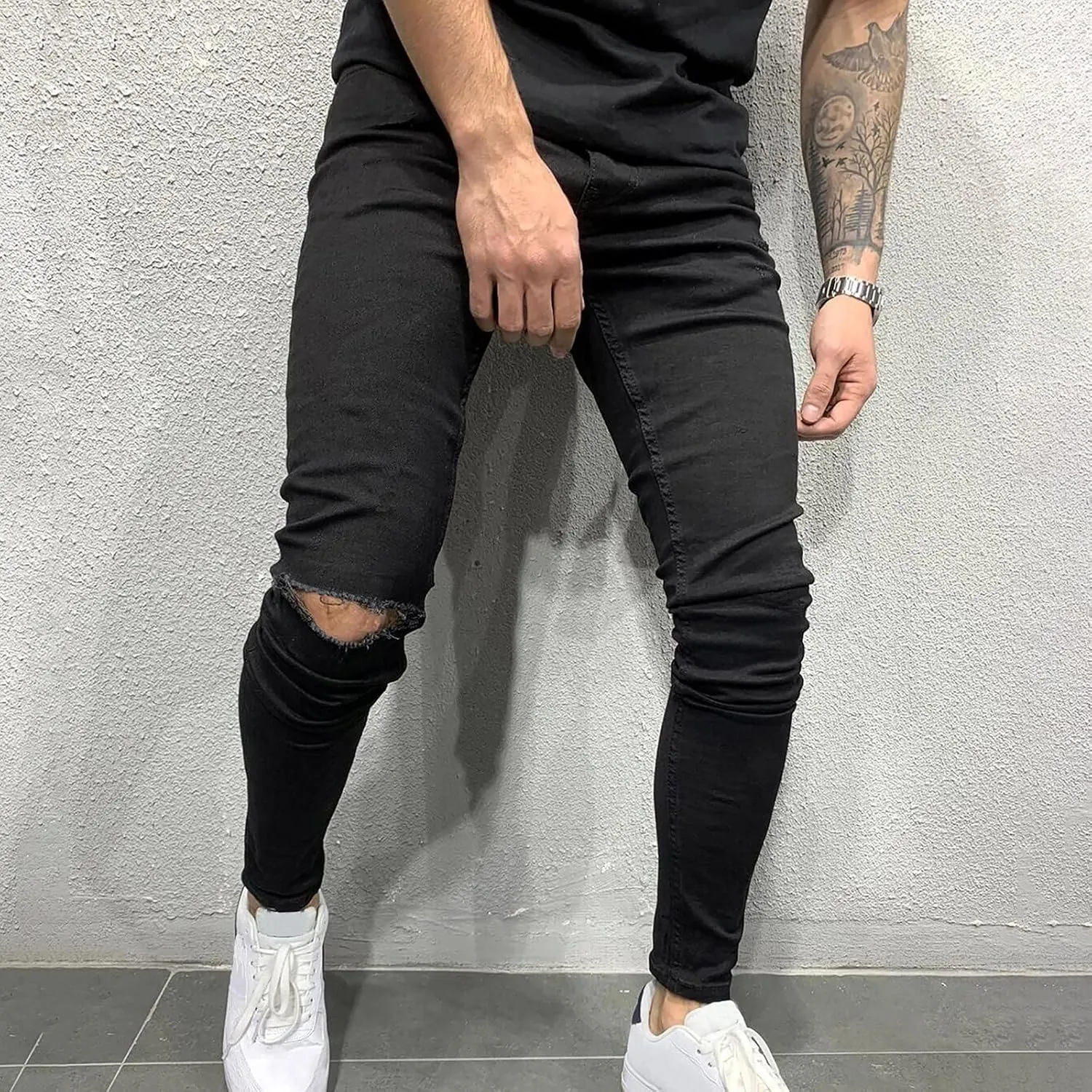 Ripped Jeans Men Slim Fit Classic Comfort Flex Retro Jeans Pants Lightweight Elastic Waist Denim Trousers