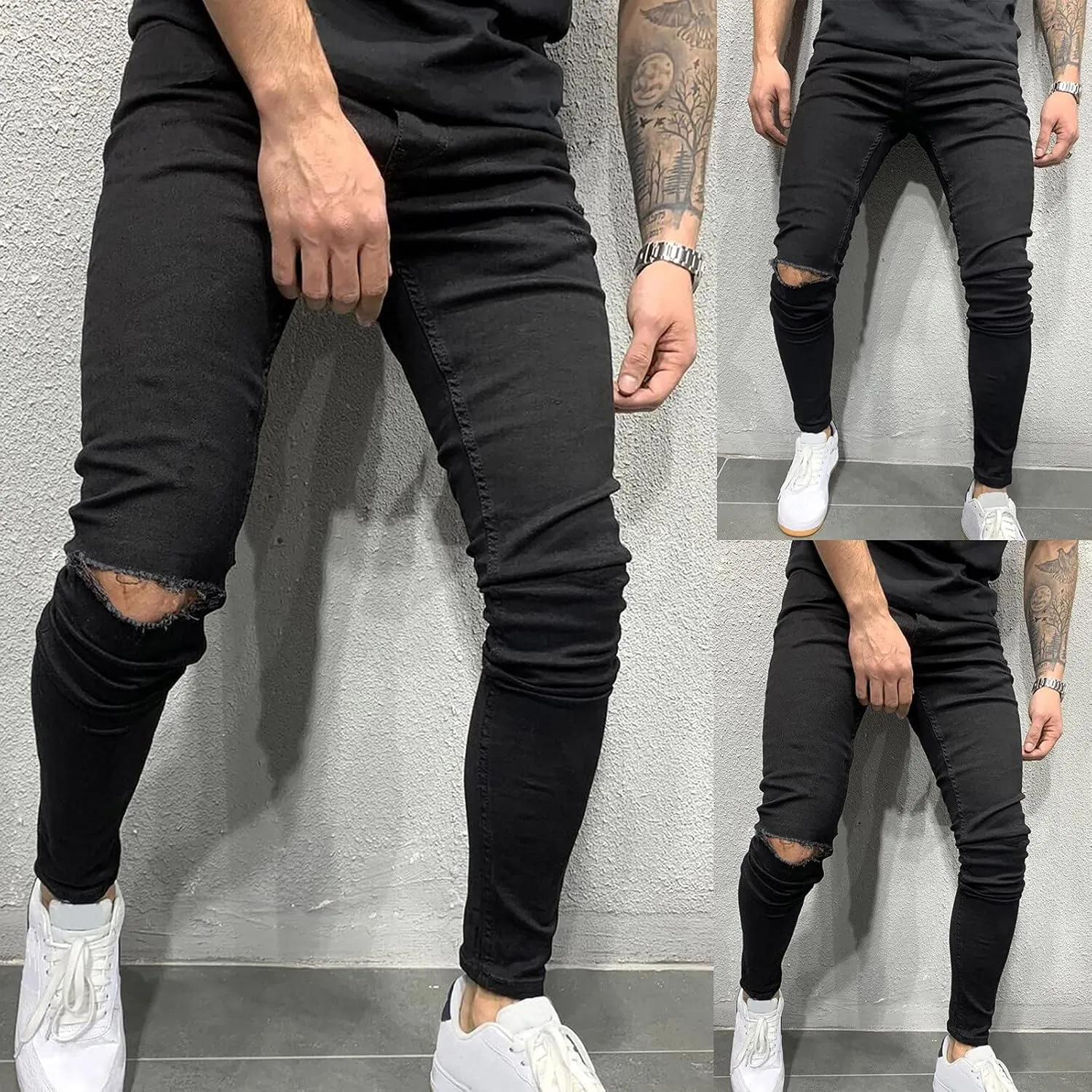 Ripped Jeans Men Slim Fit Classic Comfort Flex Retro Jeans Pants Lightweight Elastic Waist Denim Trousers