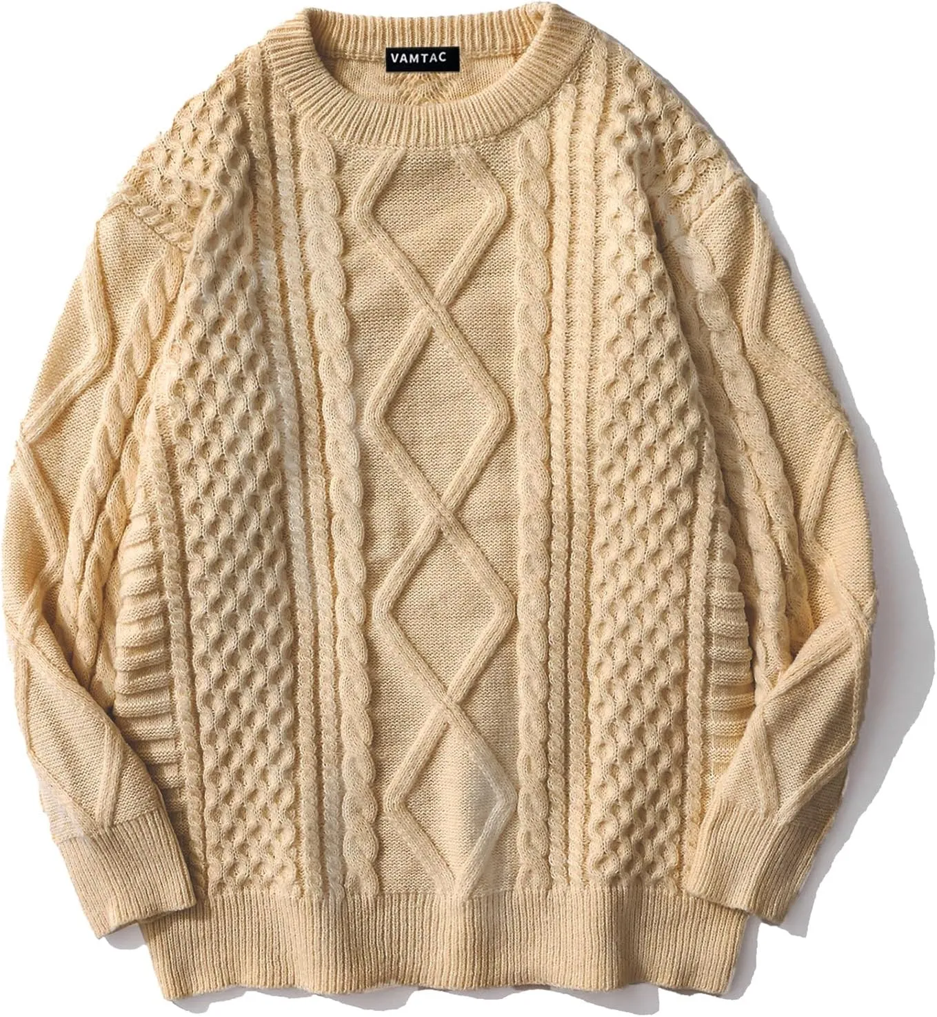Vamtac Womens Oversized Sweaters Cable Knit Crewneck Cream Casual Vintage Loose Pullover Beige Woven Tops