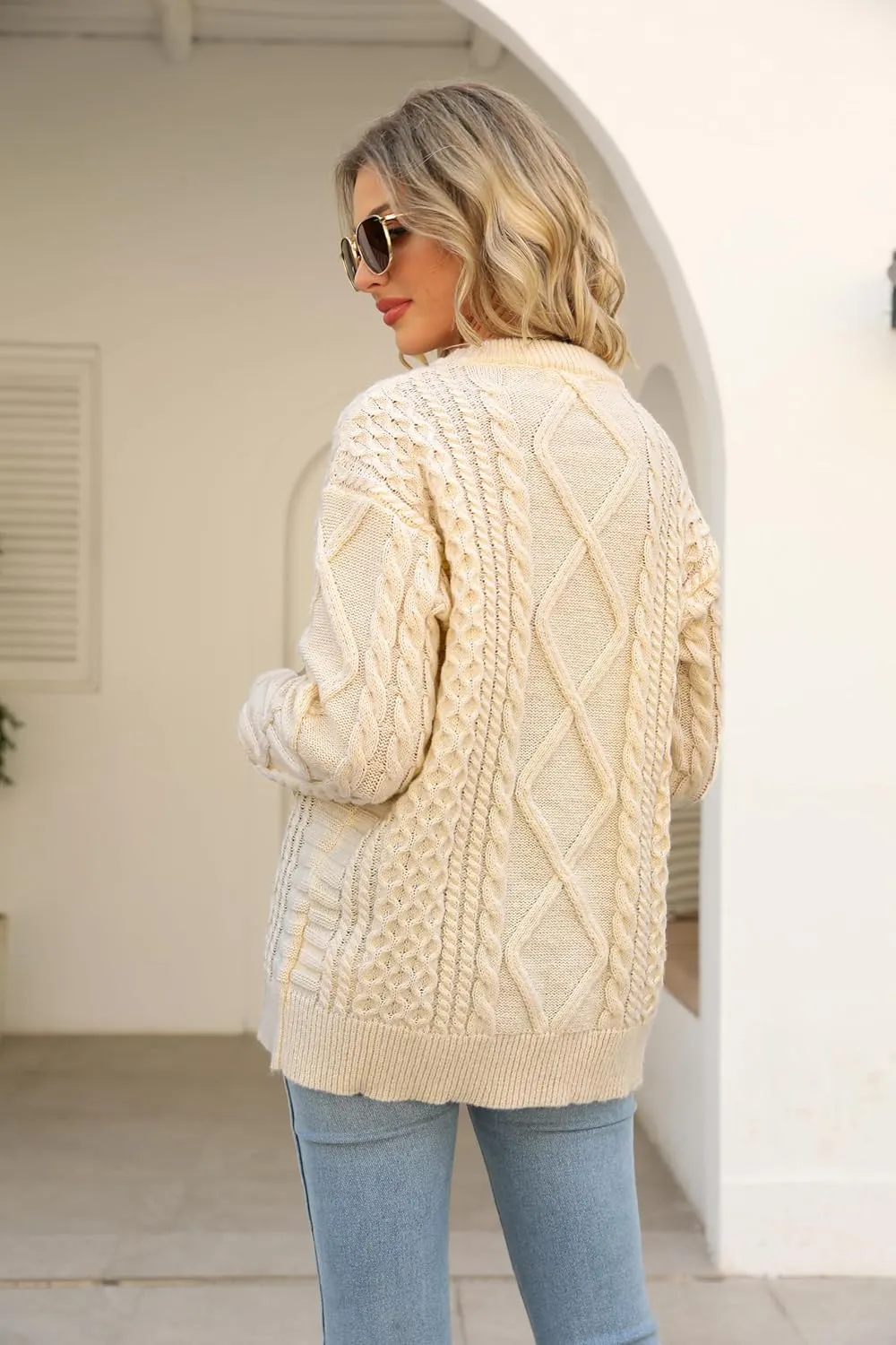 Vamtac Womens Oversized Sweaters Cable Knit Crewneck Cream Casual Vintage Loose Pullover Beige Woven Tops