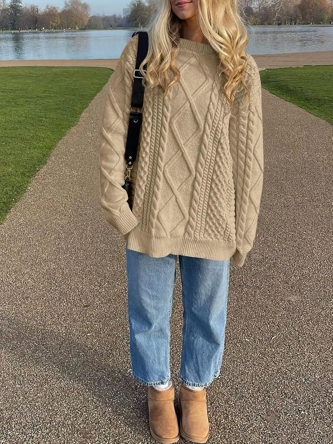 Vamtac Womens Oversized Sweaters Cable Knit Crewneck Cream Casual Vintage Loose Pullover Beige Woven Tops