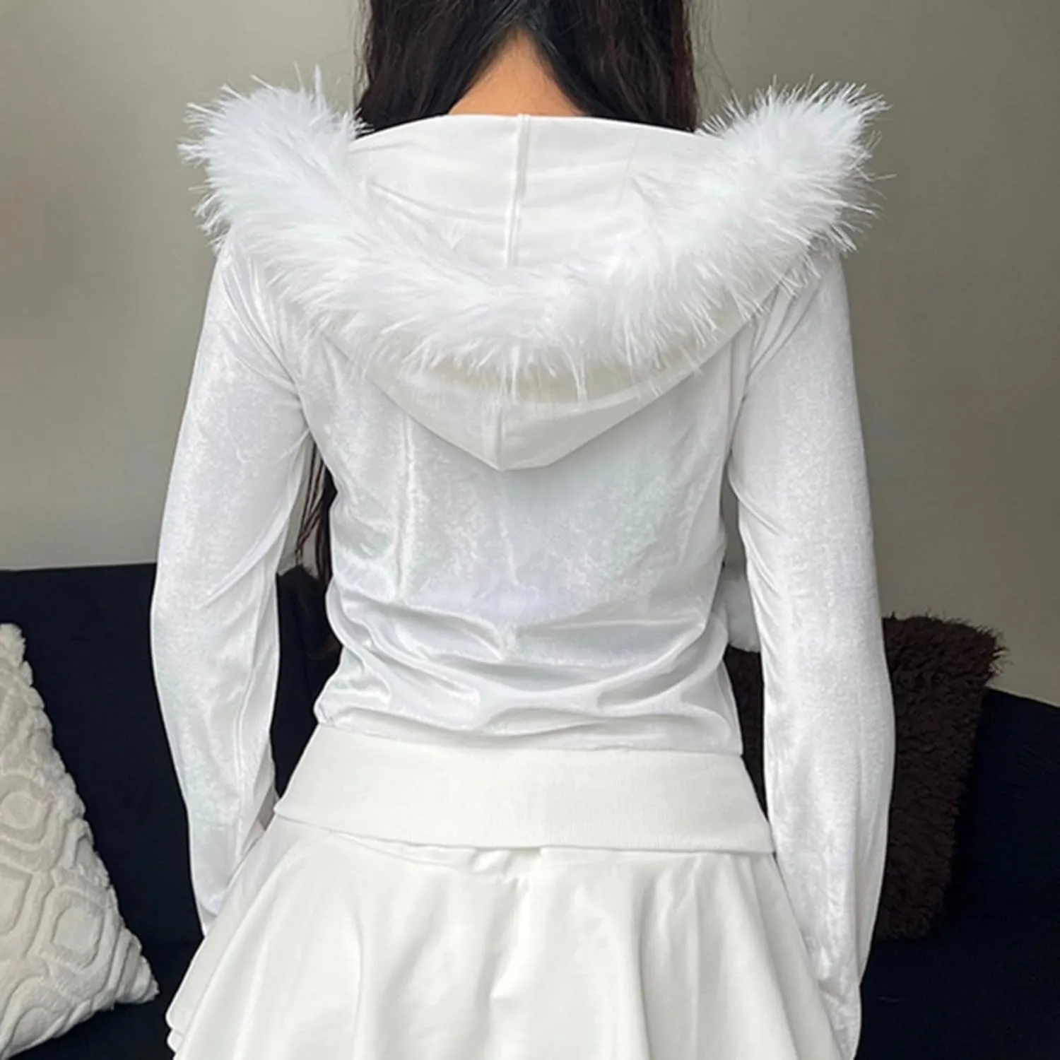 VCM Fur Hoodie Y2K Womens Zip Up Hoodies Camo Lightweight Cropped Sweatshirts Grunge 2000s Clothes Vintage Outerwear