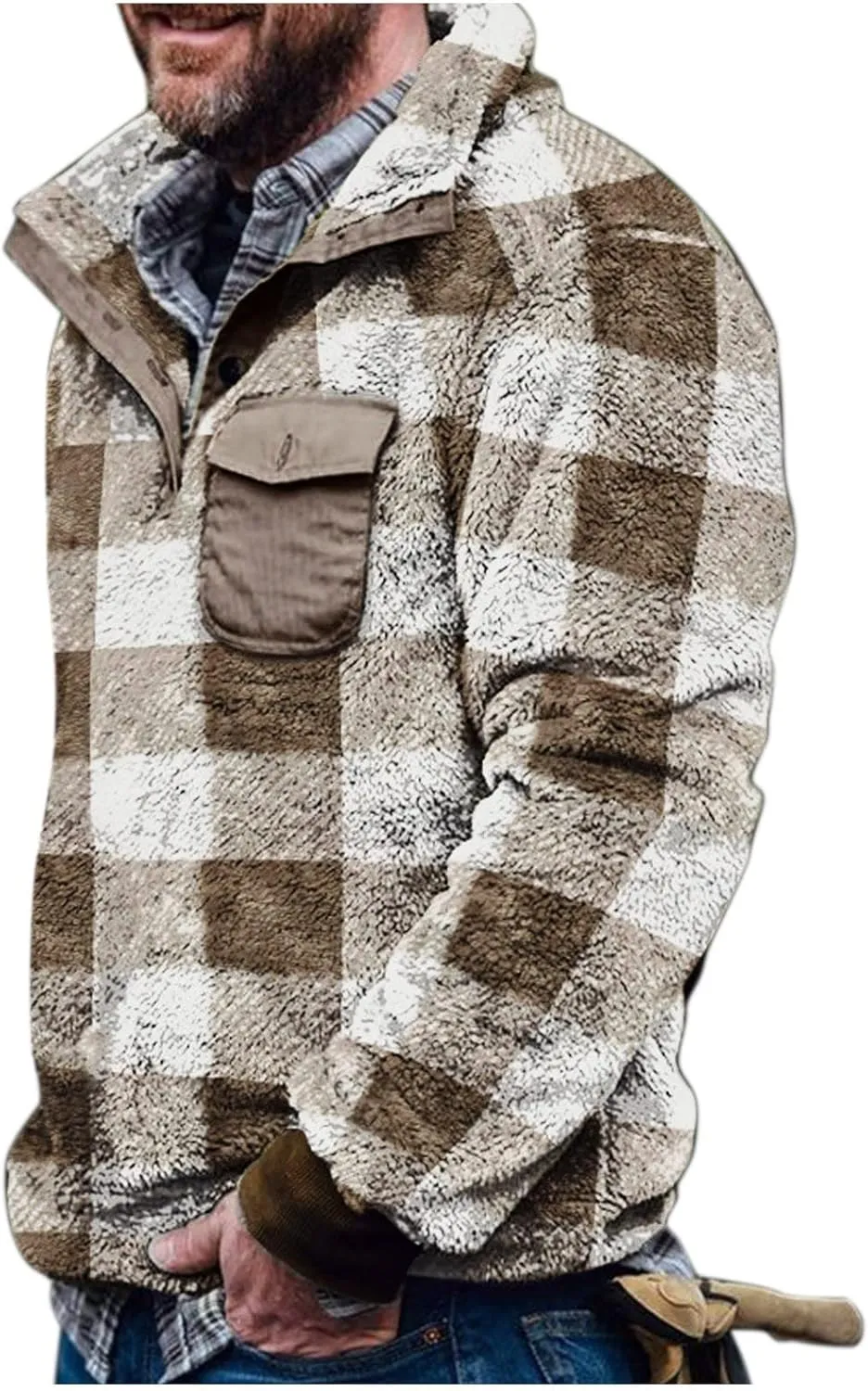 Winter Coats for Men,Mens Plaid Vintage Fuzzy Sherpa Pullover Sweatshirt Fleece Jacket Winter Long Sleeve Sweater with Pocket