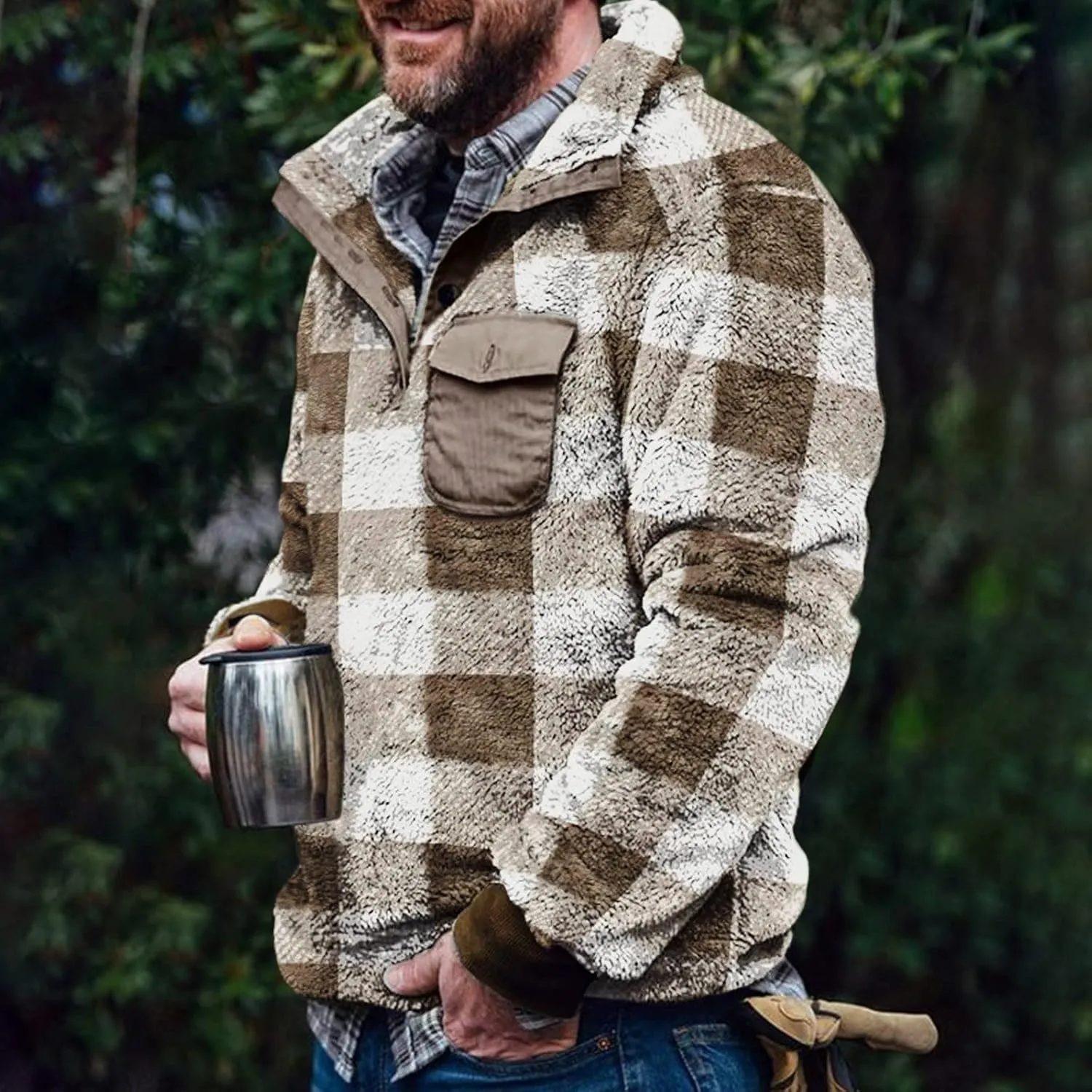 Winter Coats for Men,Mens Plaid Vintage Fuzzy Sherpa Pullover Sweatshirt Fleece Jacket Winter Long Sleeve Sweater with Pocket