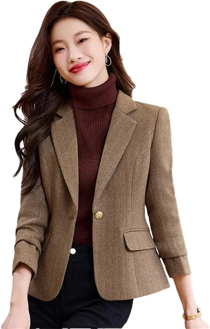 Women Blazer Gray Brown Wool Solid Long Sleeve Business Work Wear Slim Formal Jacket