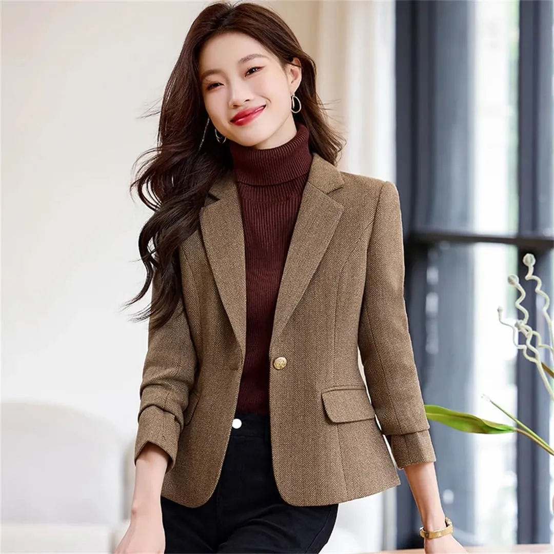 Women Blazer Gray Brown Wool Solid Long Sleeve Business Work Wear Slim Formal Jacket