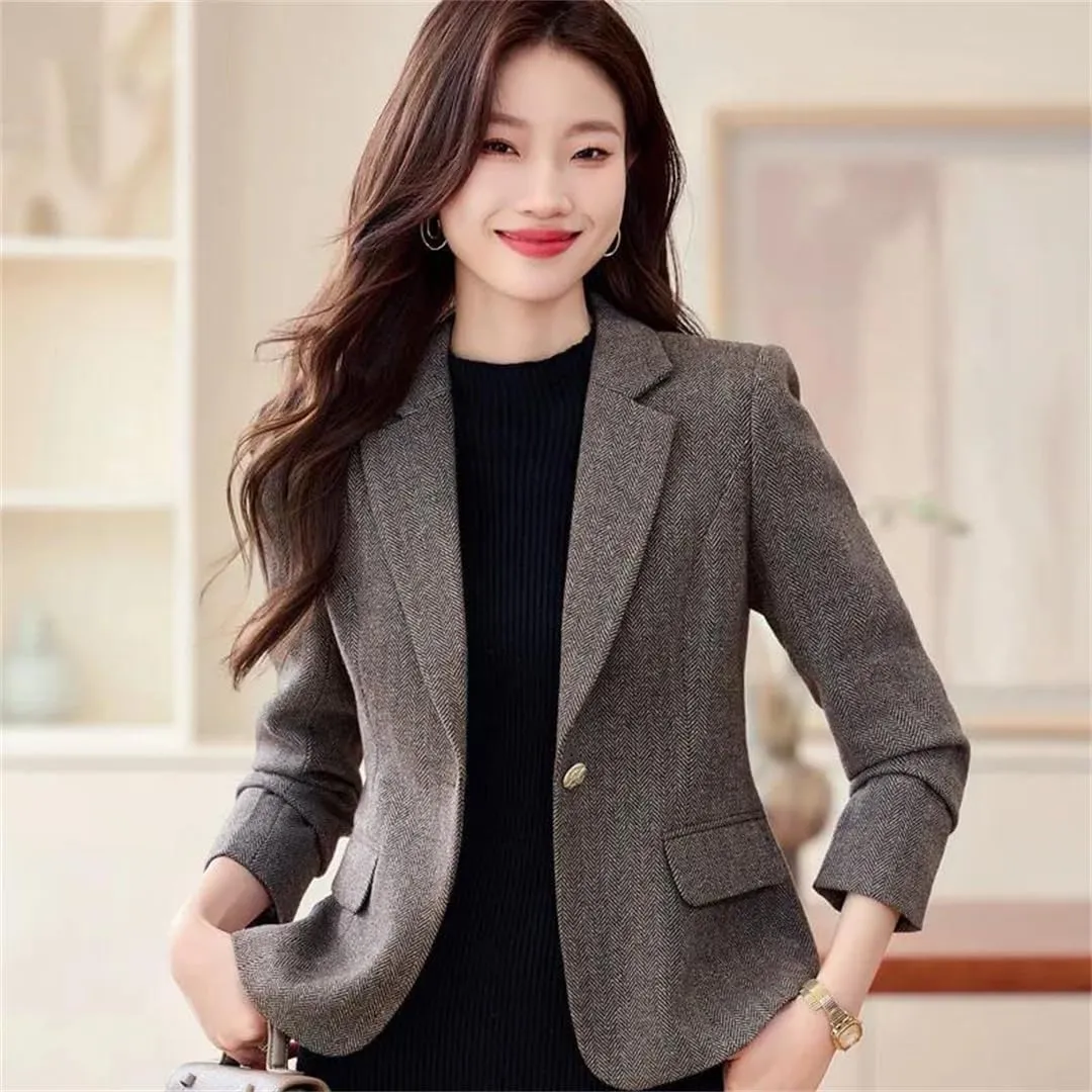 Women Blazer Gray Brown Wool Solid Long Sleeve Business Work Wear Slim Formal Jacket