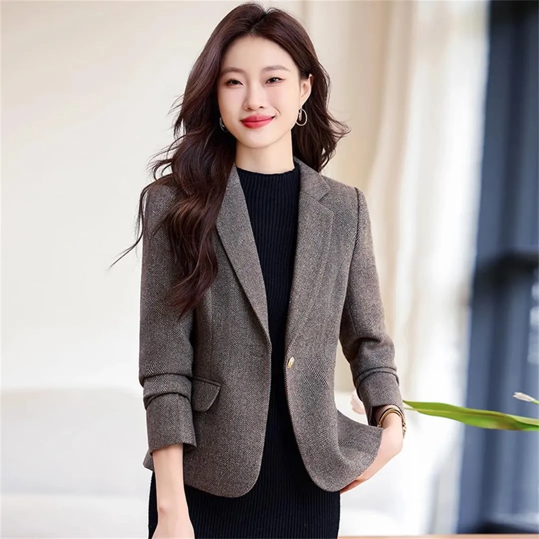 Women Blazer Gray Brown Wool Solid Long Sleeve Business Work Wear Slim Formal Jacket