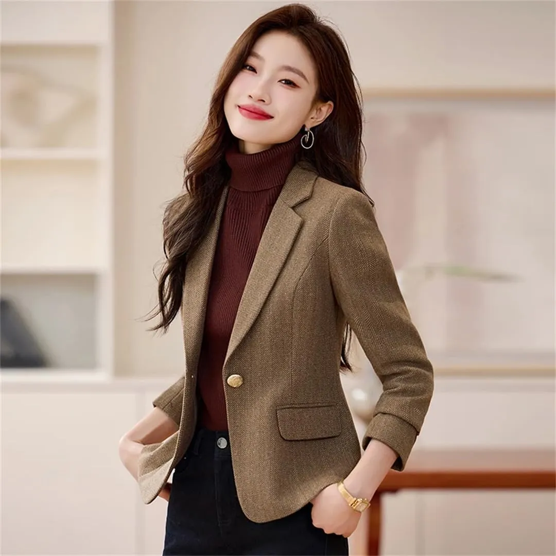 Women Blazer Gray Brown Wool Solid Long Sleeve Business Work Wear Slim Formal Jacket