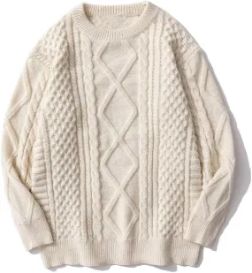 Women Cable Knit Vintage Chunky Sweater Loose Casual Knitted Sweater Unisex Woven Crewneck Knitted Top