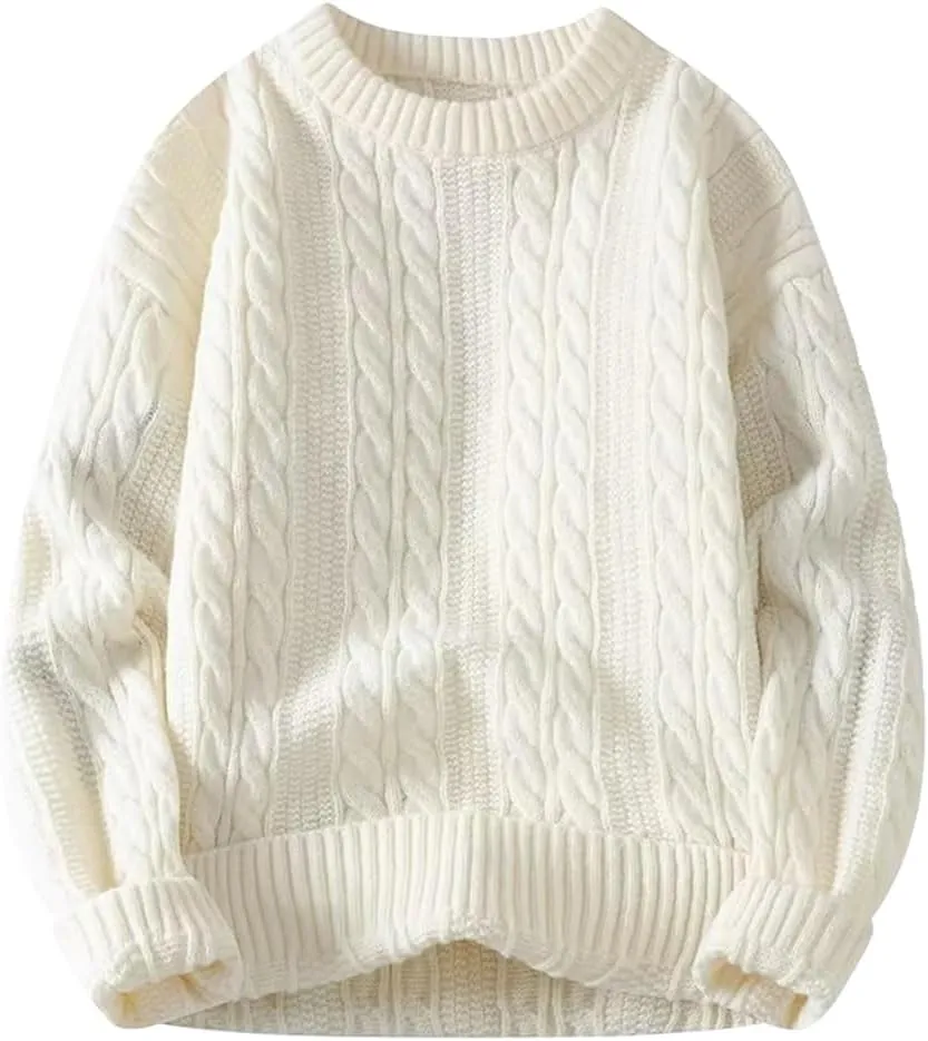 Women Cable Knit Vintage Chunky Sweater Loose Casual Knitted Sweater Unisex Woven Crewneck Knitted Top