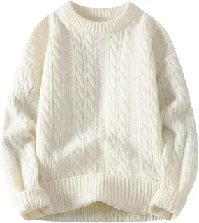Women Cable Knit Vintage Chunky Sweater Loose Casual Knitted Sweater Unisex Woven Crewneck Knitted Top